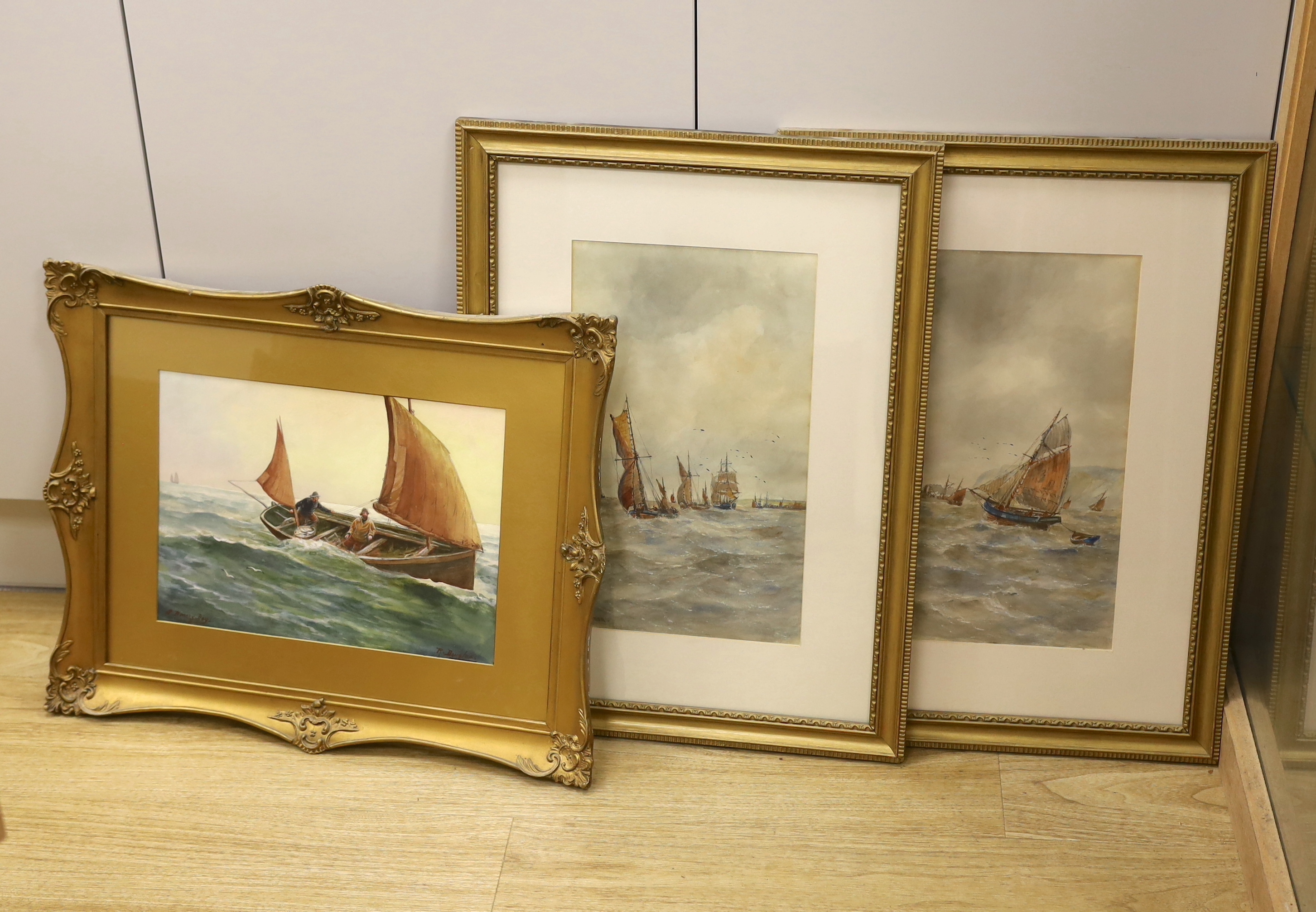 Walter Cannon (1887-1913), pair of watercolours, Shipping at sea, signed, 37 x 22cm together with Rose Douglas (1893-1998), heightened watercolour, 'A Breezy Day', signed and inscribed, 33 x 24cm